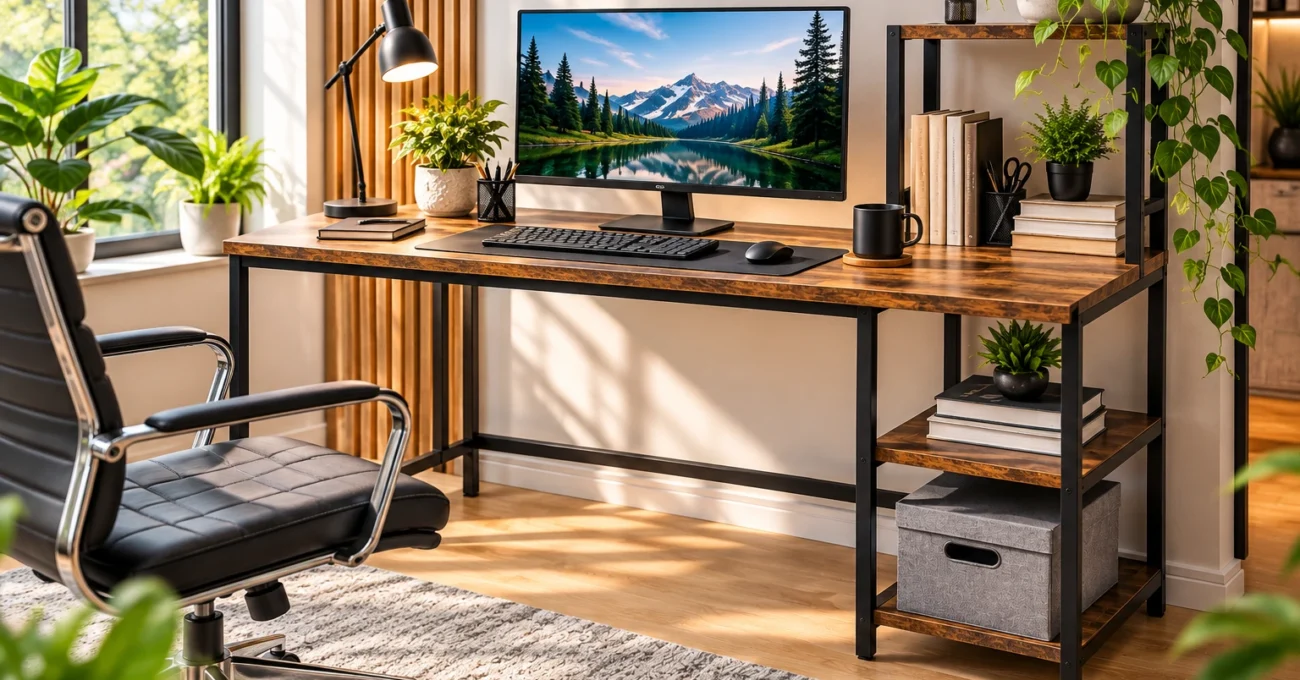 HOMCOM computer desk with integrated storage shelf