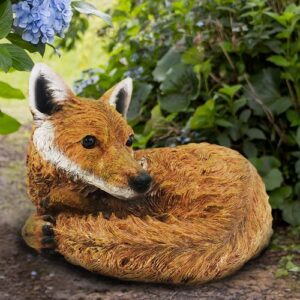 Curled fox garden ornament placed among plants outdoor woodland decoration