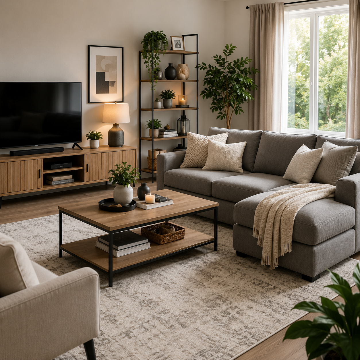 Modern living room featuring a comfortable sofa, coffee table, TV unit, shelving and home décor.