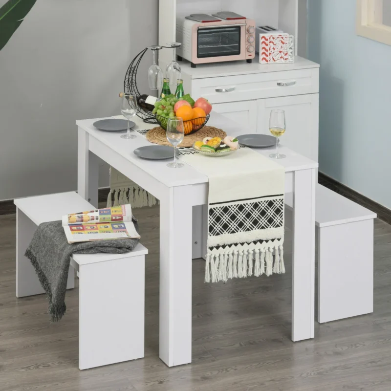 3 Piece Dining Table Set With 2 Benches White Kitchen Breakfast Furniture