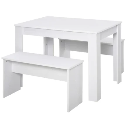 3 Piece Dining Table Set With 2 Benches White Kitchen Breakfast Furniture