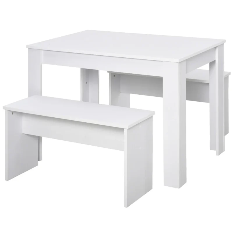 3 Piece Dining Table Set With 2 Benches White Kitchen Breakfast Furniture