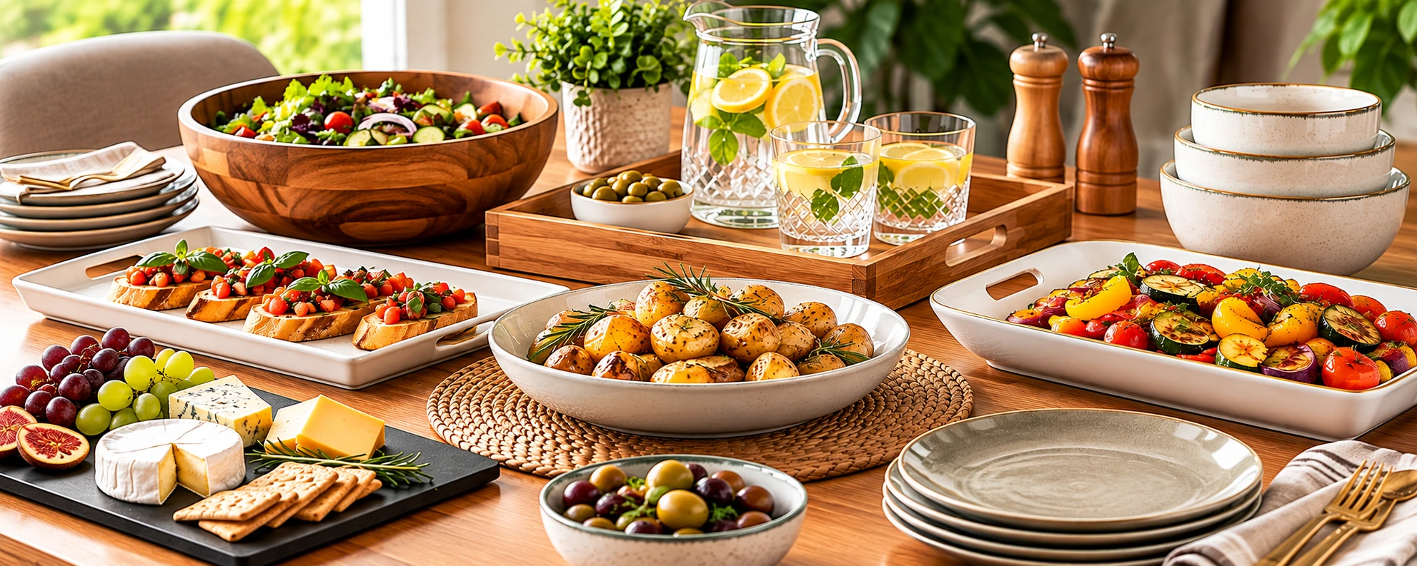 Stylish serving plates, trays and bowls for family meals and entertaining.