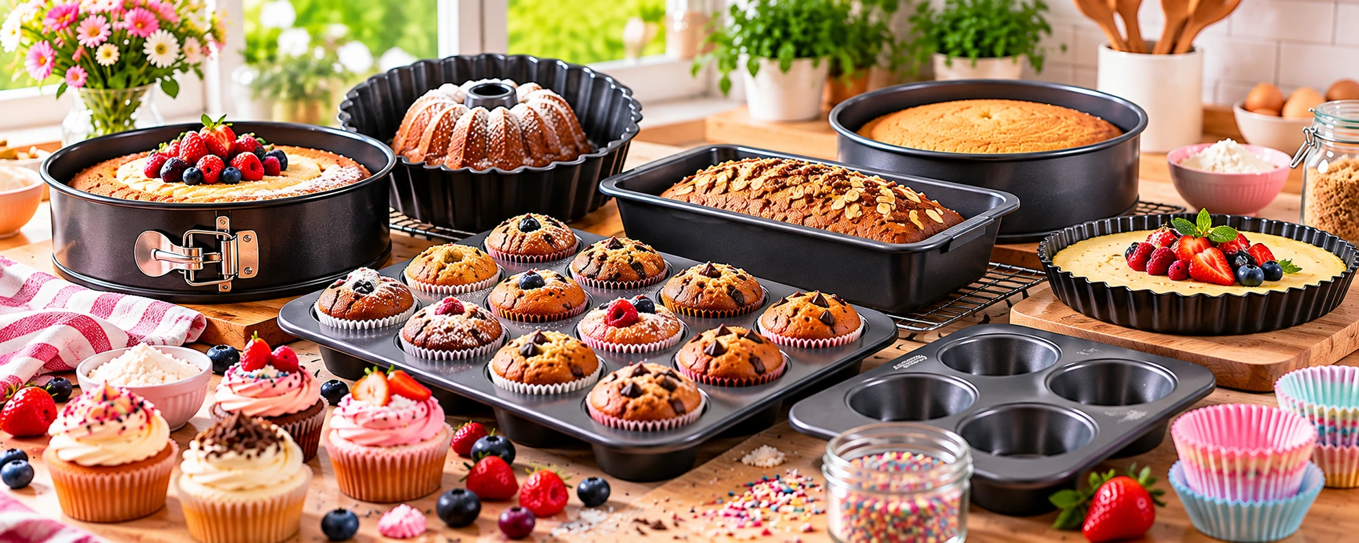 Versatile baking tins for cakes, muffins, cupcakes and homemade buns.