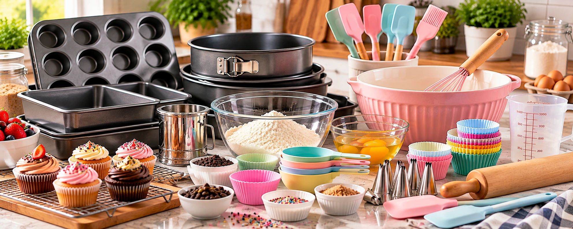 Baking accessories, bakeware and cake decorating tools in a modern kitchen