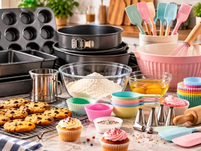 Baking sets and accessories with bakeware, mixing tools and cake decorating supplies