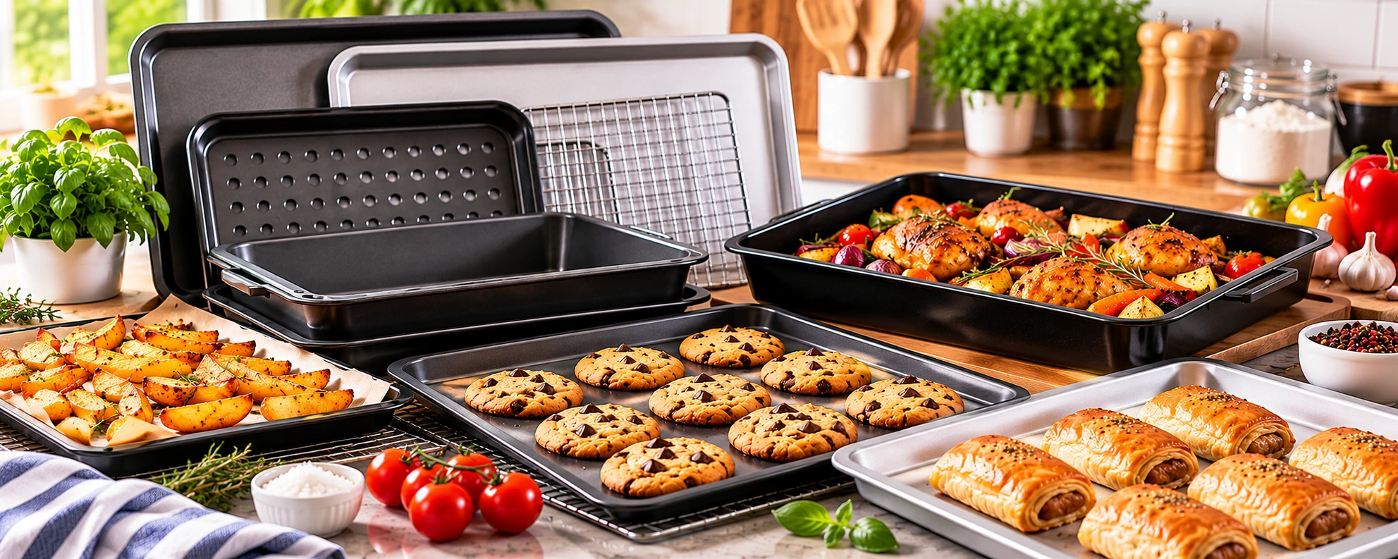 Baking sheets and oven trays with roasted food and baked goods