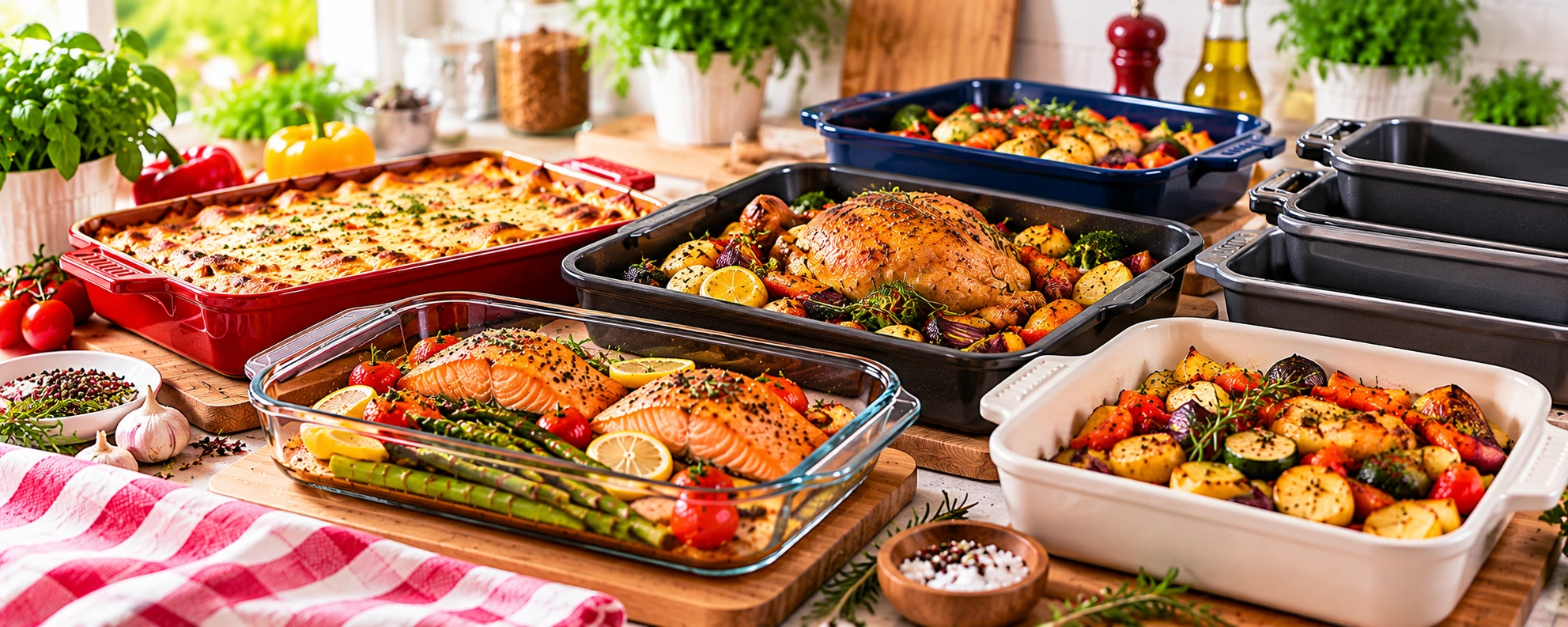 Oven dishes and roasting trays with roasted chicken, vegetables and baked meals