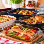 Oven dishes and roasting trays for baking and family meals