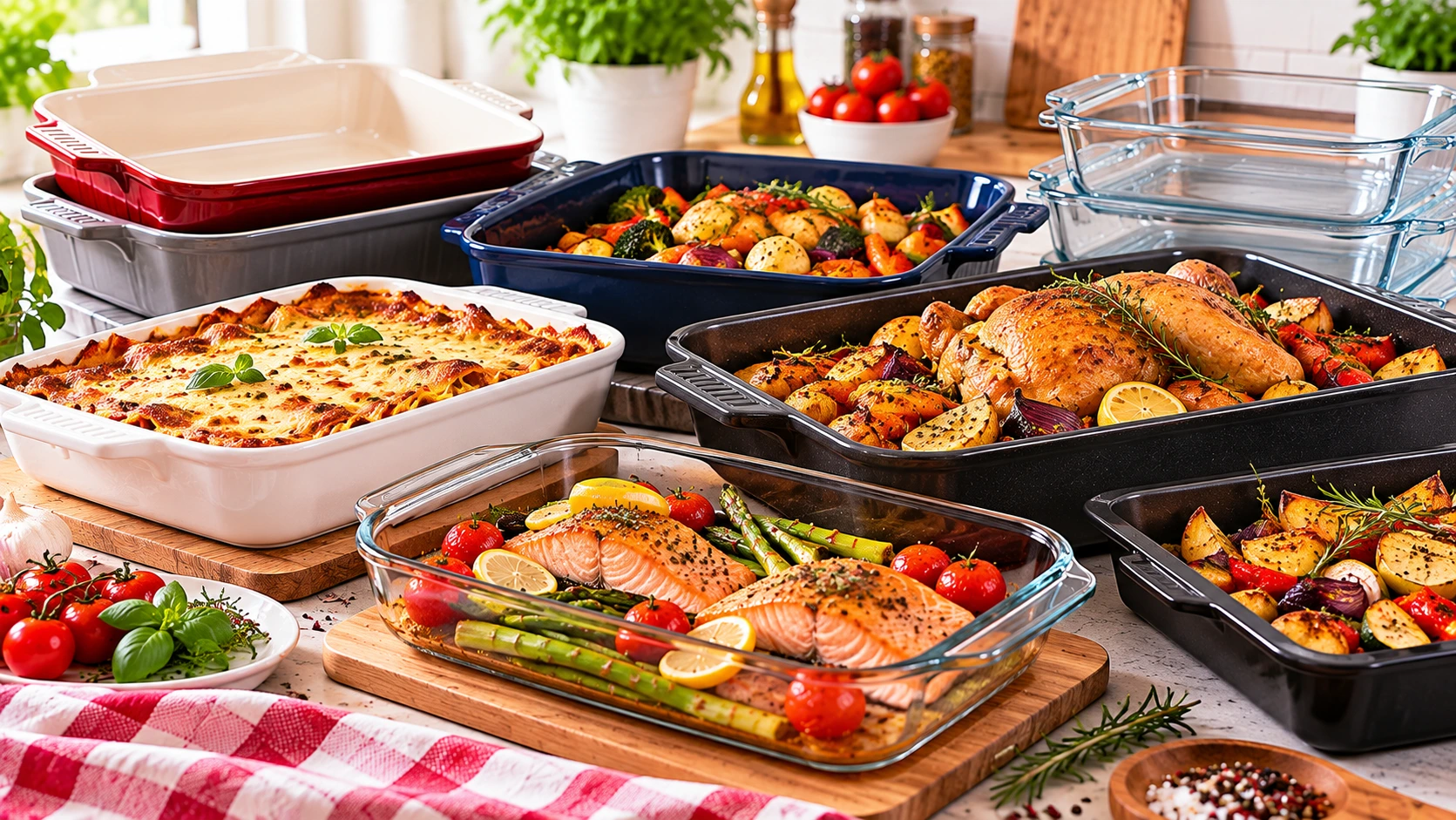 Oven dishes and roasting trays for baking and family meals