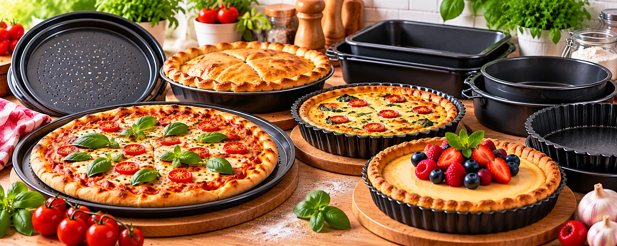 Versatile baking tins for homemade pizzas, pies, quiches and tarts.