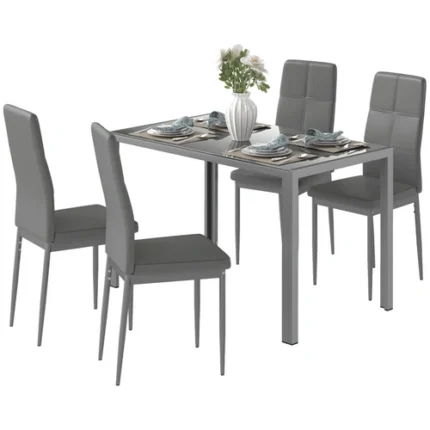 HOMCOM 5 Piece Glass Dining Set for 4 with Black Padded Chairs