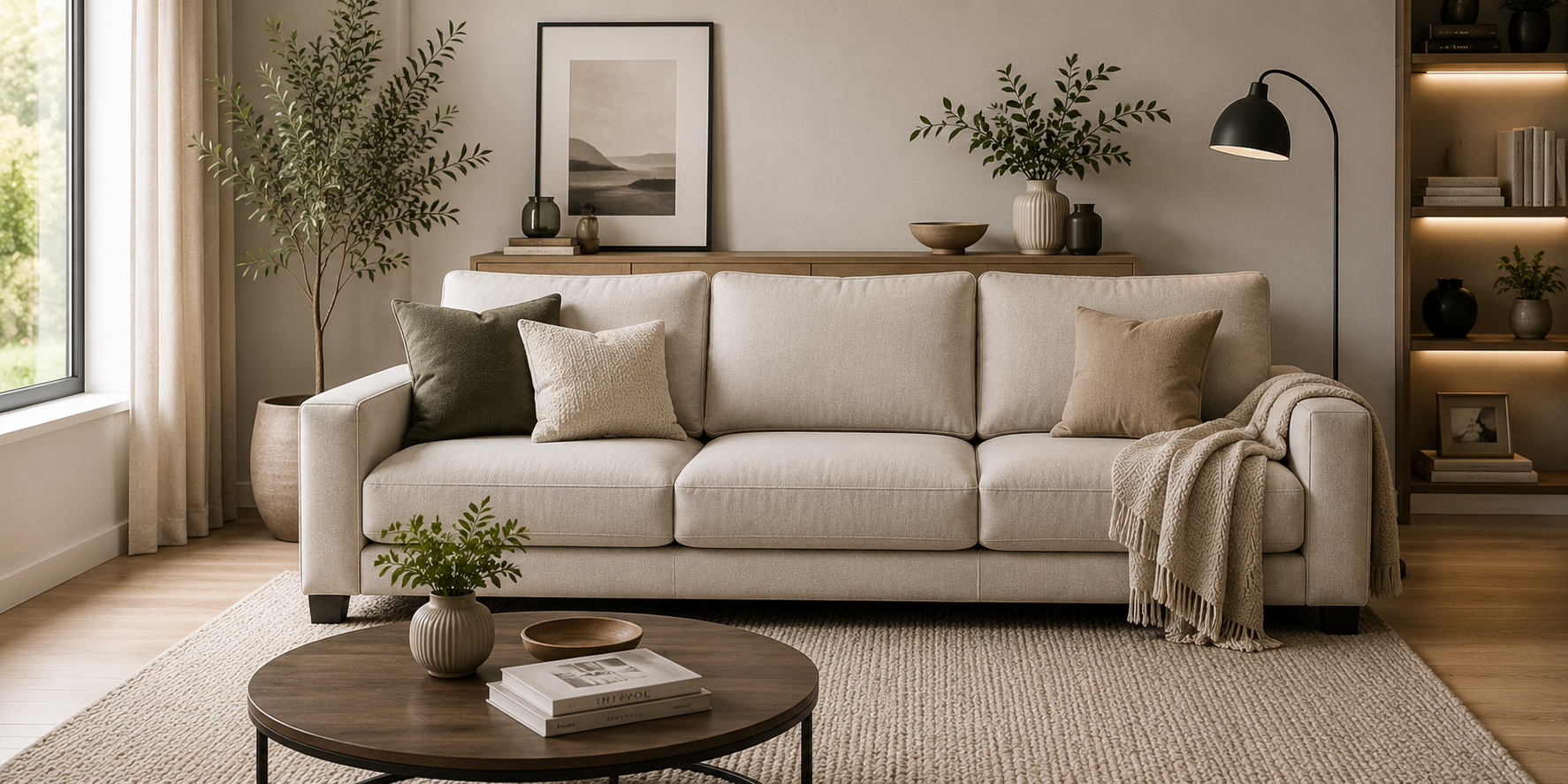 Modern beige sofa in a stylish contemporary living room shop sofa online