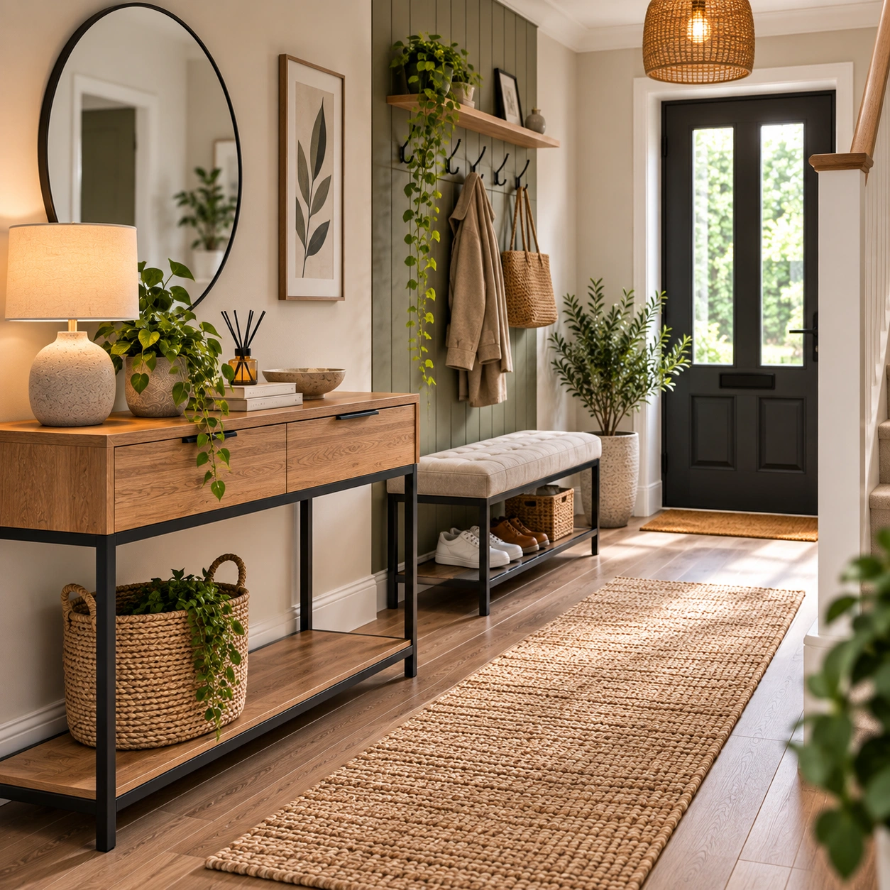 Scandinavian Hallway with Warm Natural Accents b and m storage cabinets