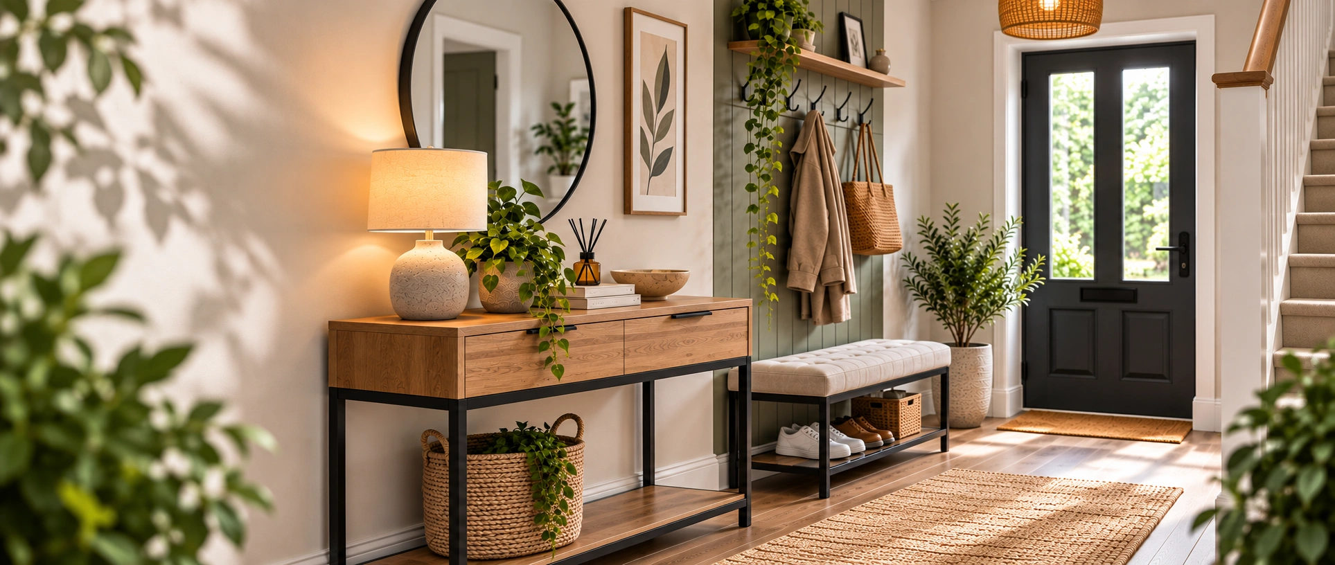 Sunlit Scandinavian Entryway with Greenery bench console table