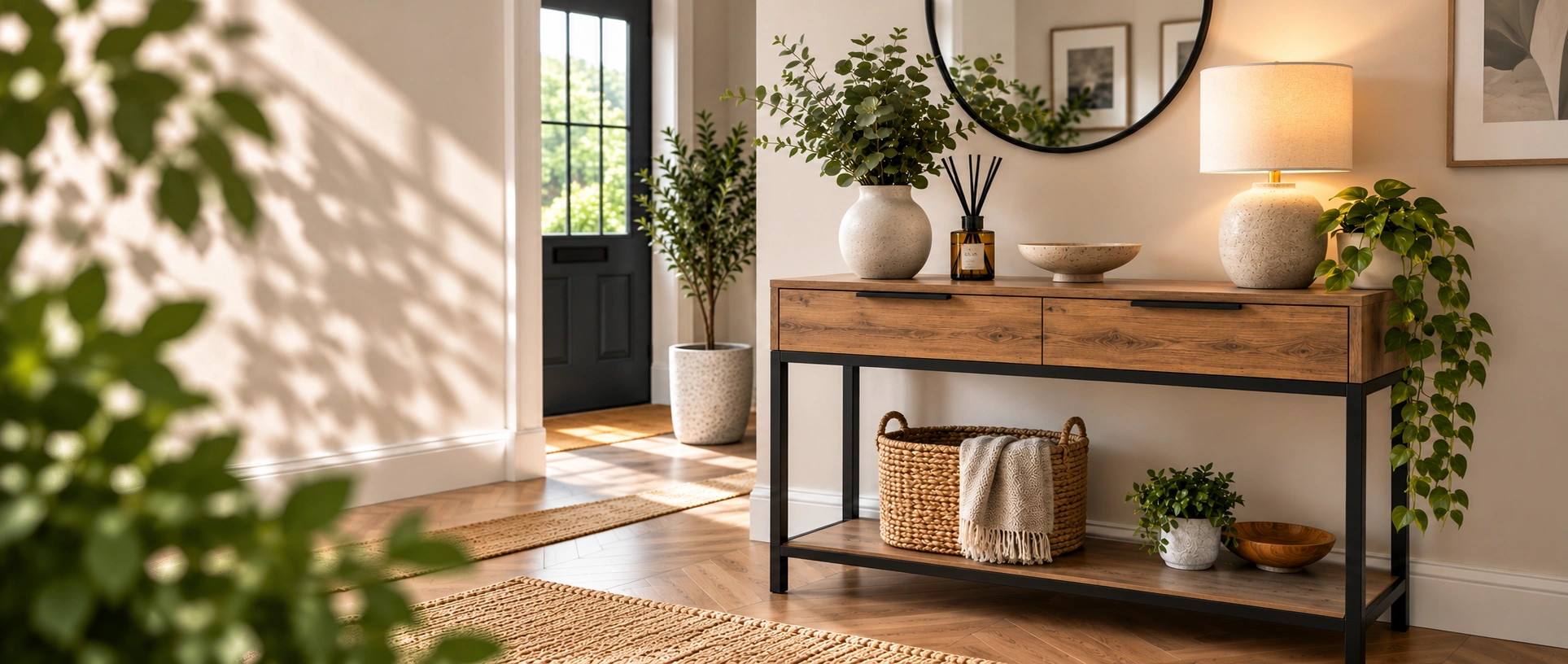 Sunlit Scandinavian Entryway with Greenery console table online