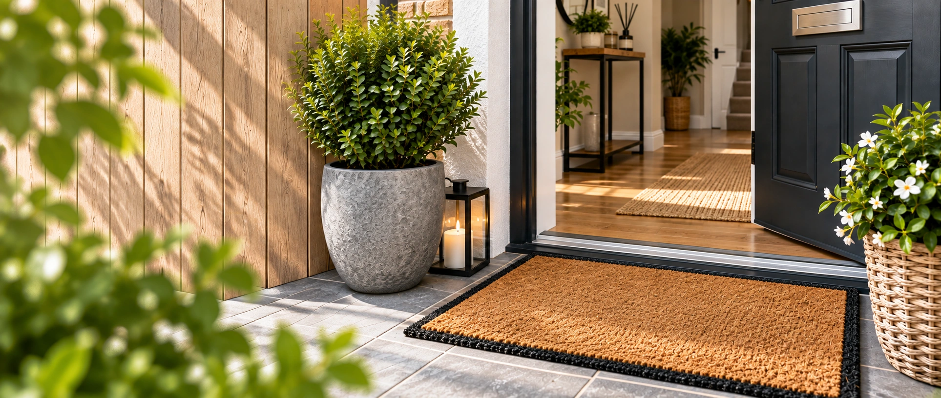 Sunny modern farmhouse entryway with greenery shopping online mall