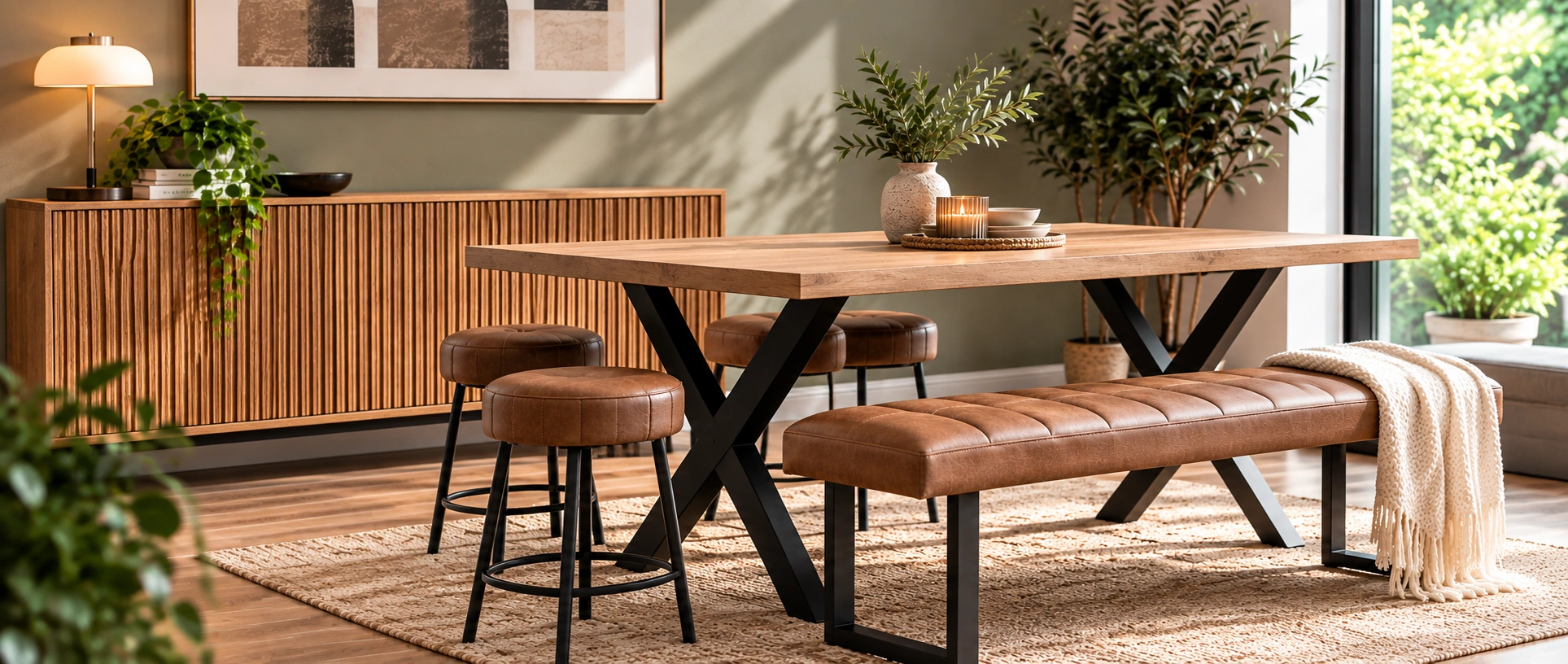 Warm Scandinavian Dining Nook dining bench and stool set shopping