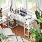 White home office computer desk with integrated charging station