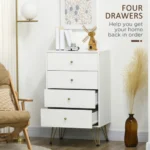 White tallboy dresser with elegant gold metal legs