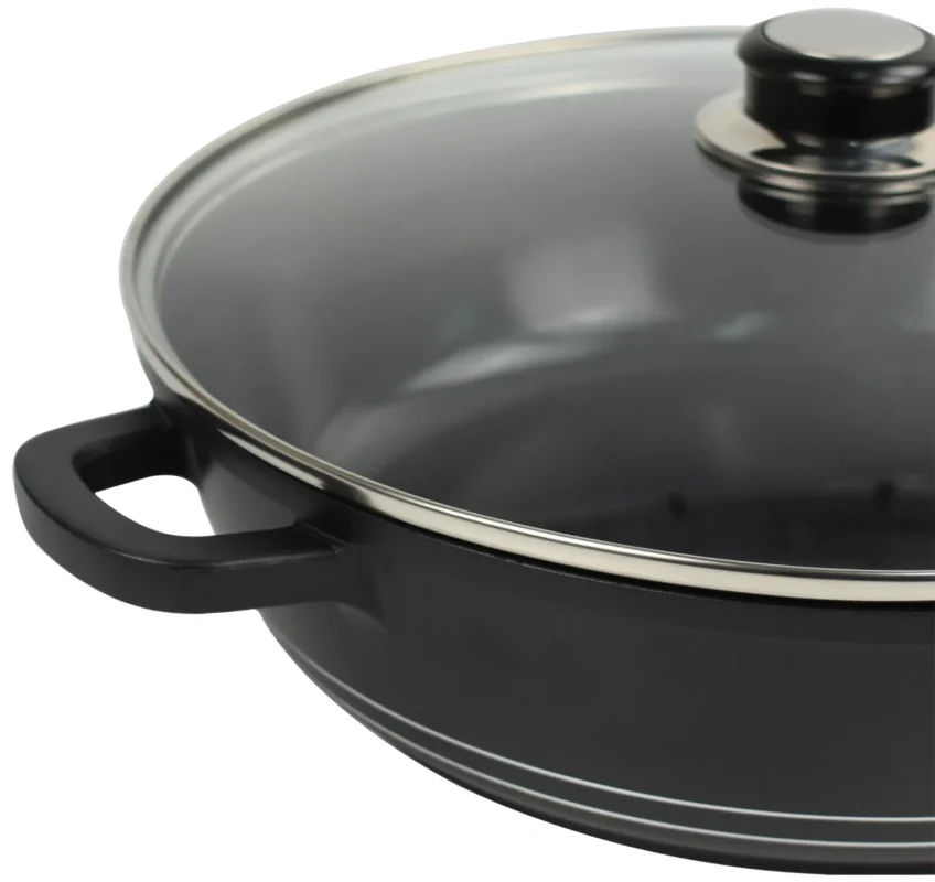 Die Cast Aluminium Induction Shallow Casserole 28cm Non Stick Glass Lid Pot