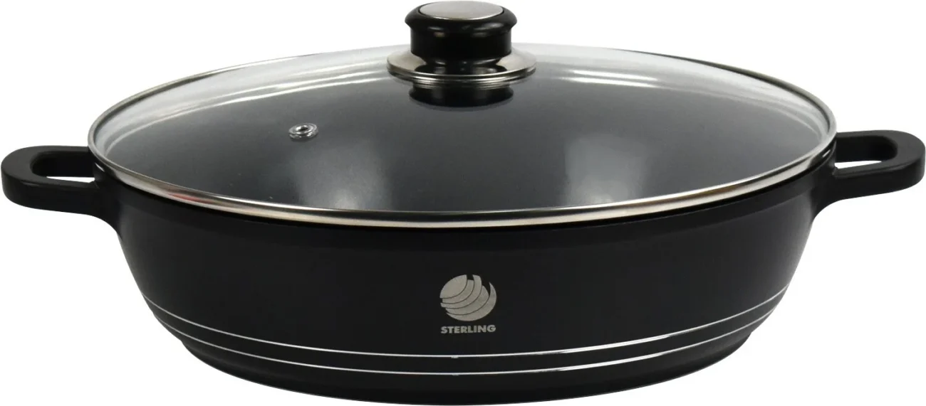 Die Cast Aluminium Induction Shallow Casserole 28cm Non Stick Glass Lid Pot