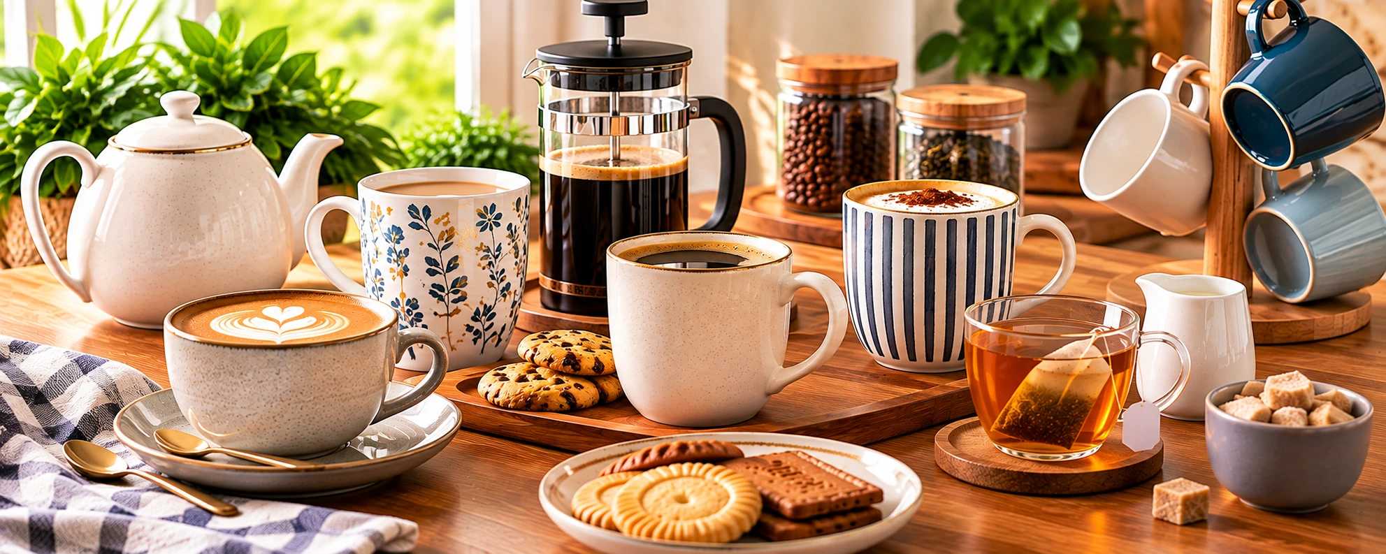 Tea, coffee, mugs and accessories arranged for a relaxing drink at home.