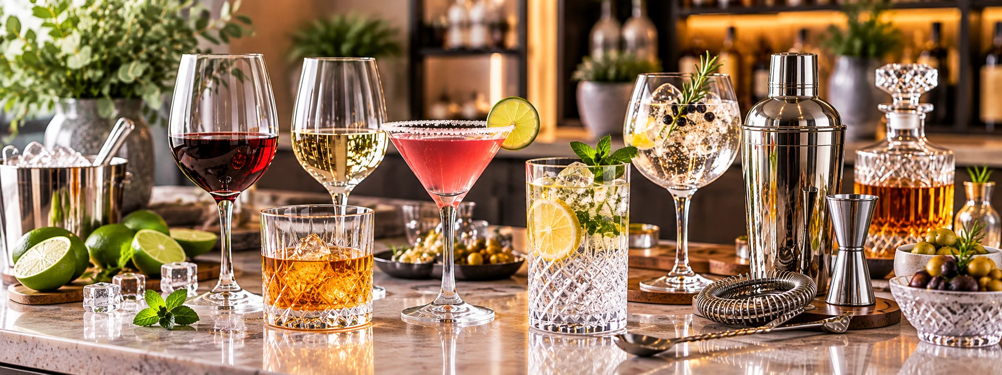 Stylish glassware and barware arranged for home entertaining