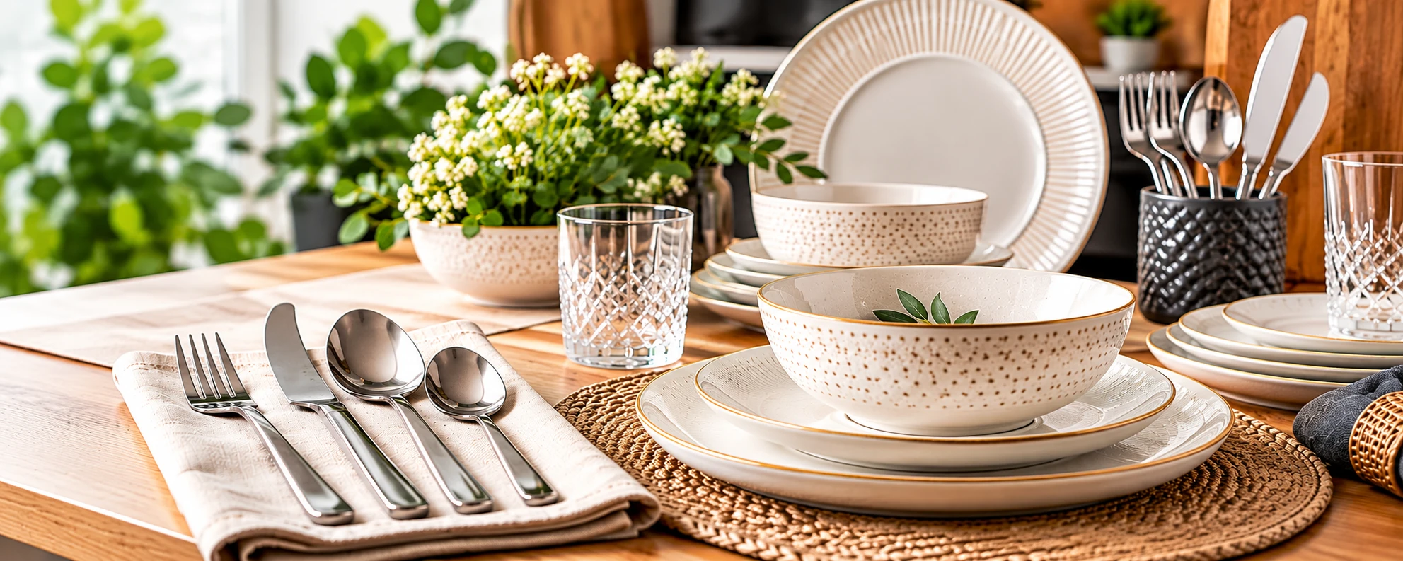 Cutlery and dinner sets with plates, bowls and tableware