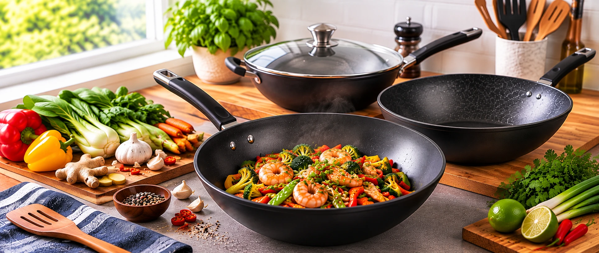 Woks and stir-fry pans with fresh ingredients in a modern kitchen