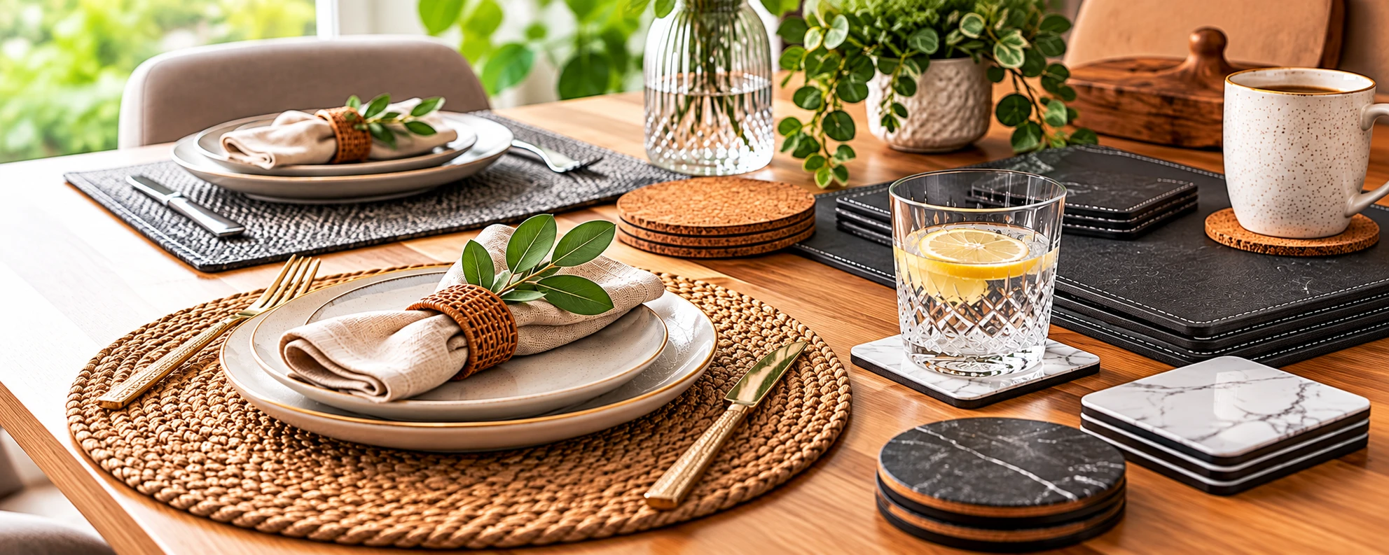 Woven placemats and decorative coasters for everyday dining and entertaining.