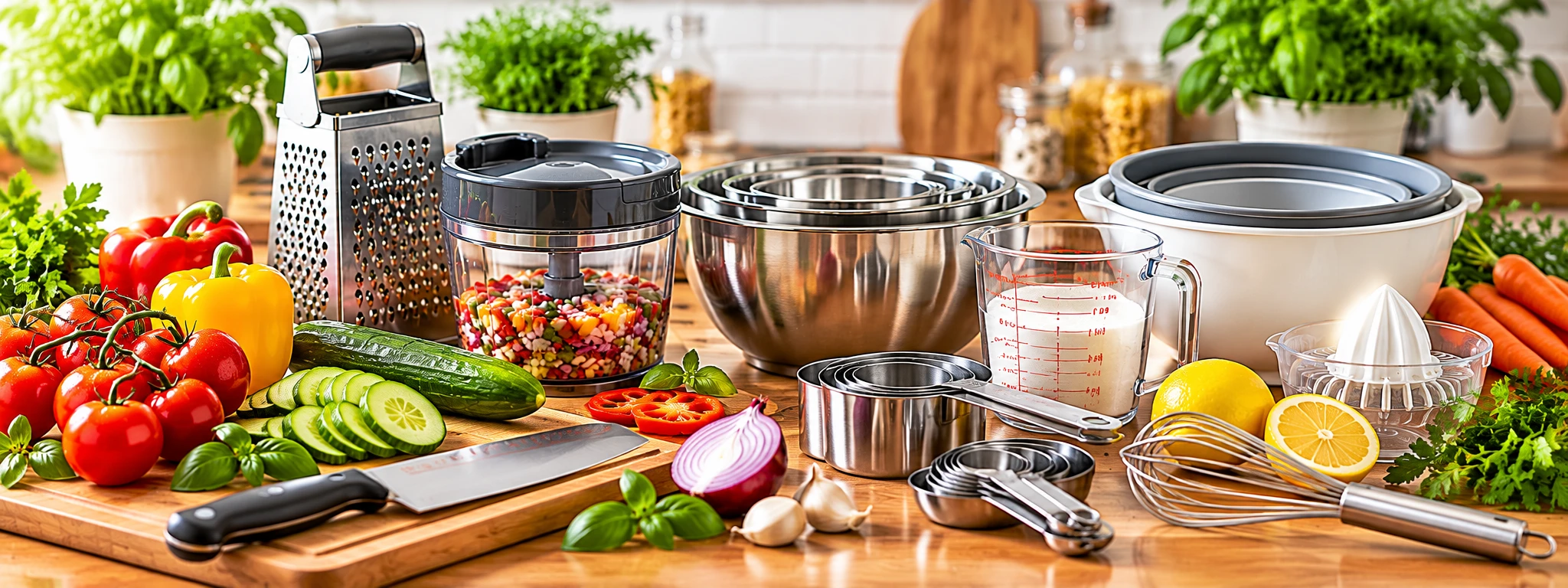 Food preparation tools and kitchen accessories for chopping, slicing, mixing and measuring