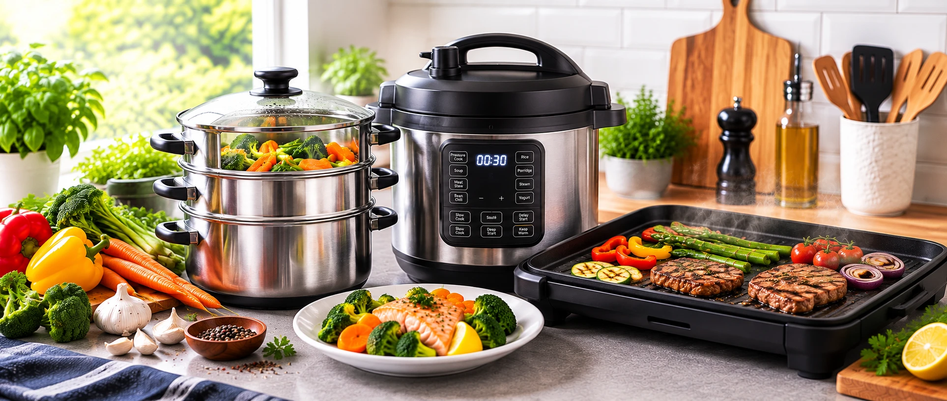 Versatile kitchen cookware for steaming, pressure cooking and grilling.