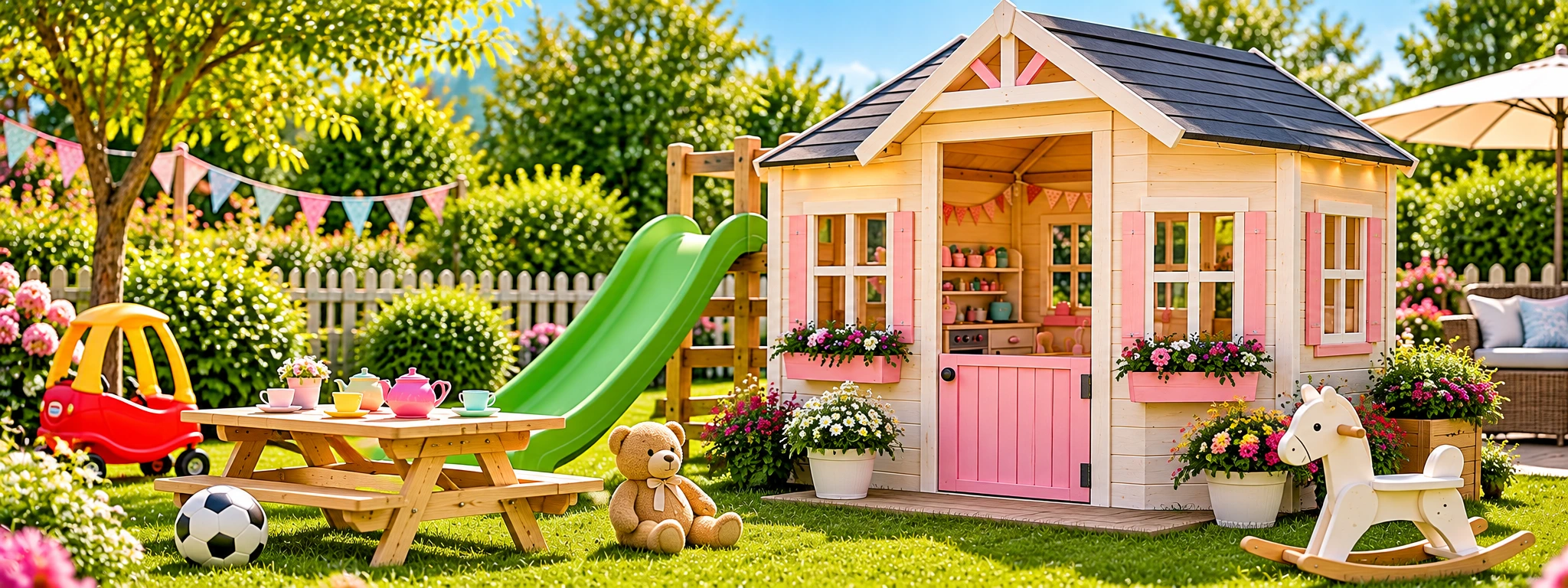 Create a fun outdoor play space with children's playhouses and garden toys.