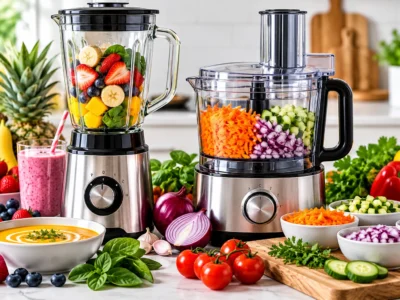 Stainless-steel blender and food processor with fresh fruit and chopped vegetables