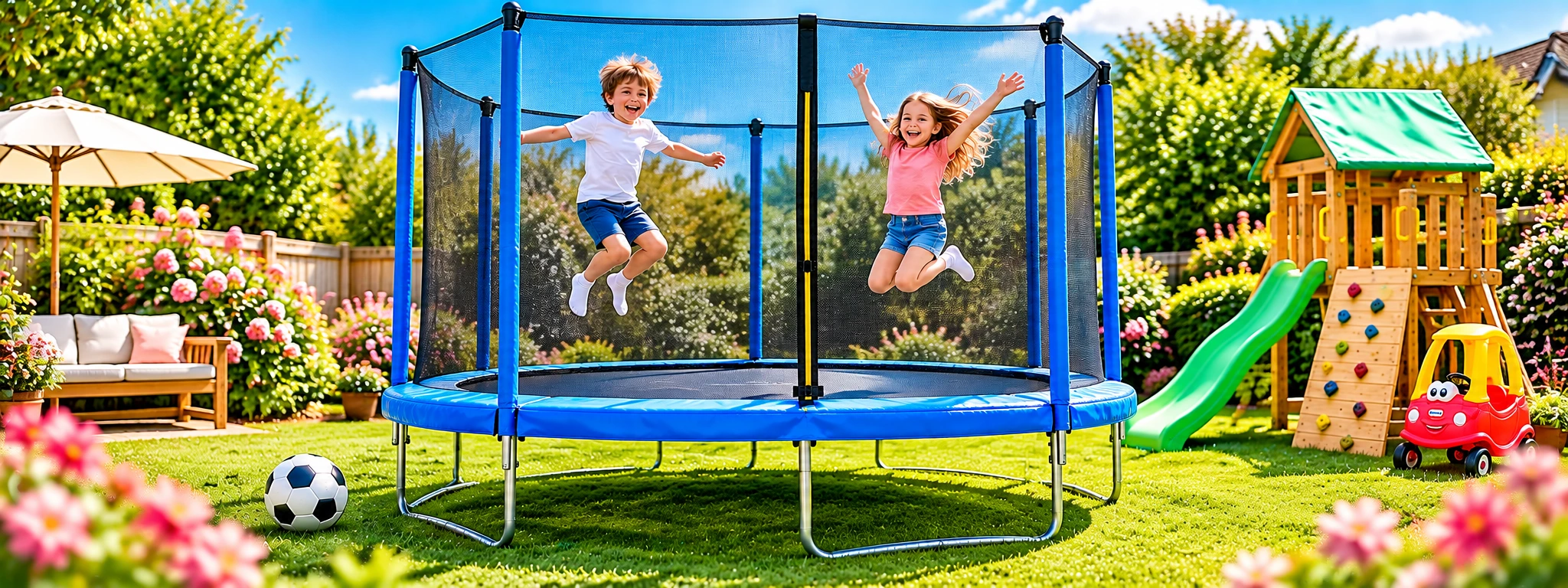 Large garden trampoline with safety net beside a children's slide and climbing frame