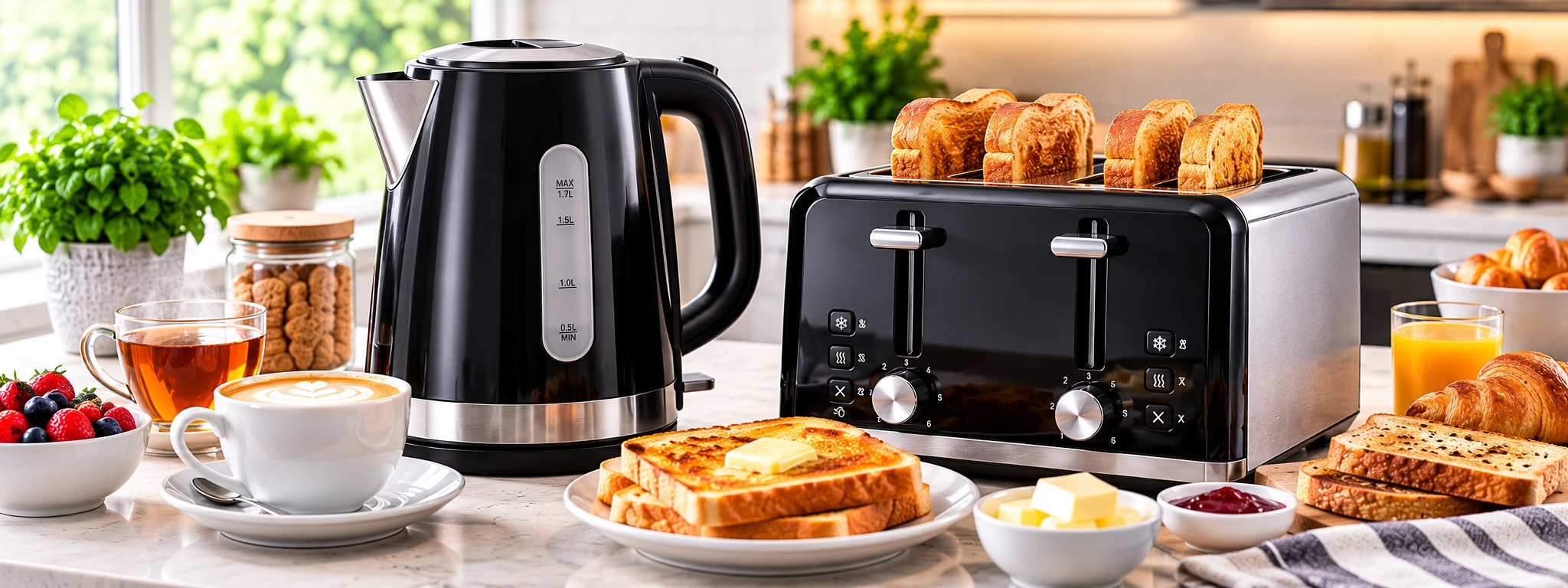 Modern black kettle and toaster with toast, tea and coffee in a bright kitchen