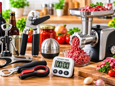Useful kitchen tools for opening, timing and preparing ingredients.