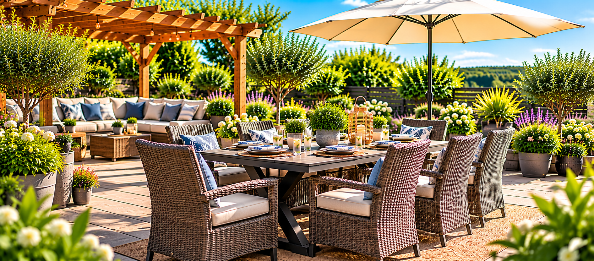 Large outdoor dining table with rattan chairs beneath a parasol on a landscaped garden patio