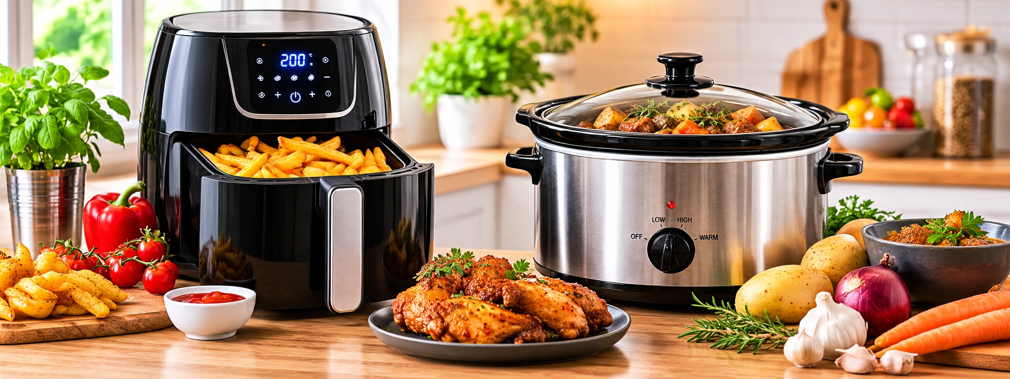 Air fryer and stainless-steel slow cooker in a modern kitchen