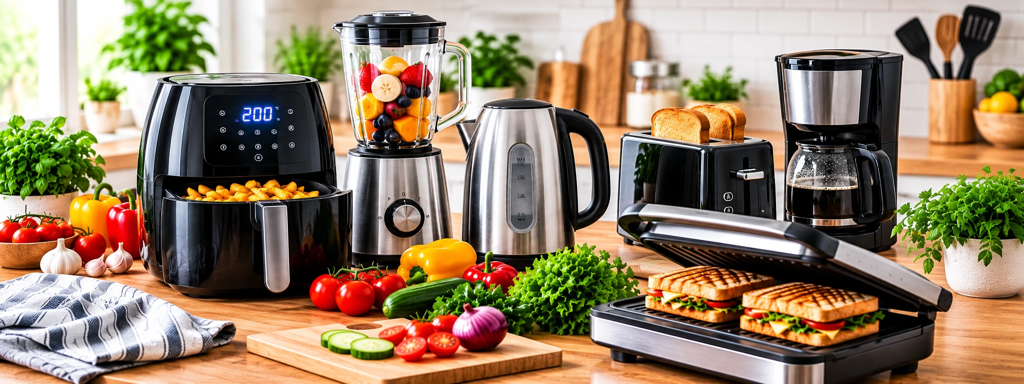 Modern kitchen appliances designed for convenient everyday cooking and food preparation.