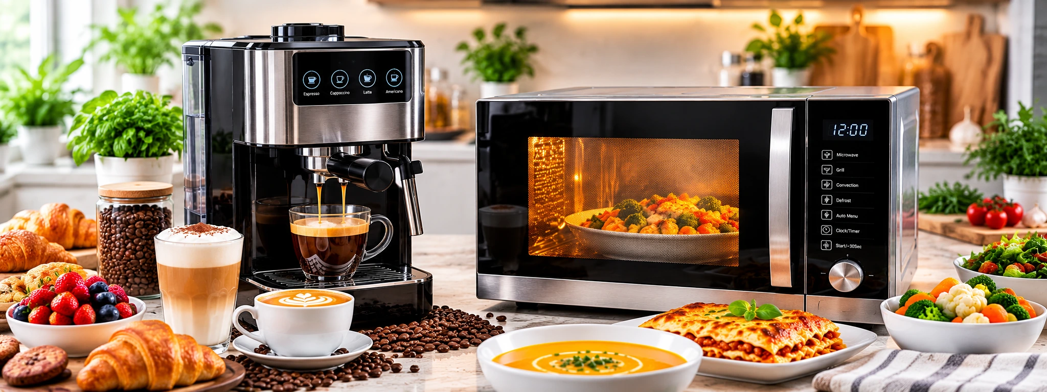 Coffee machine and microwave in a modern kitchen with hot drinks and meals
