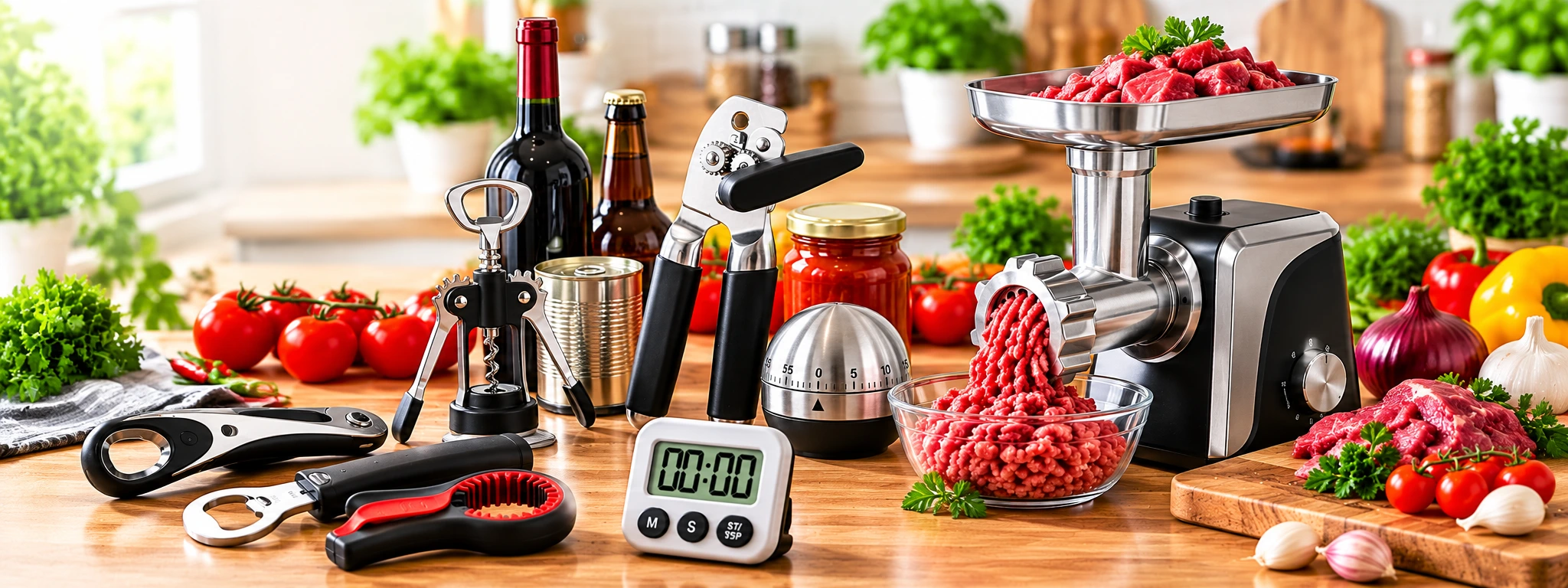 Openers, kitchen timers and meat mincers for everyday food preparation