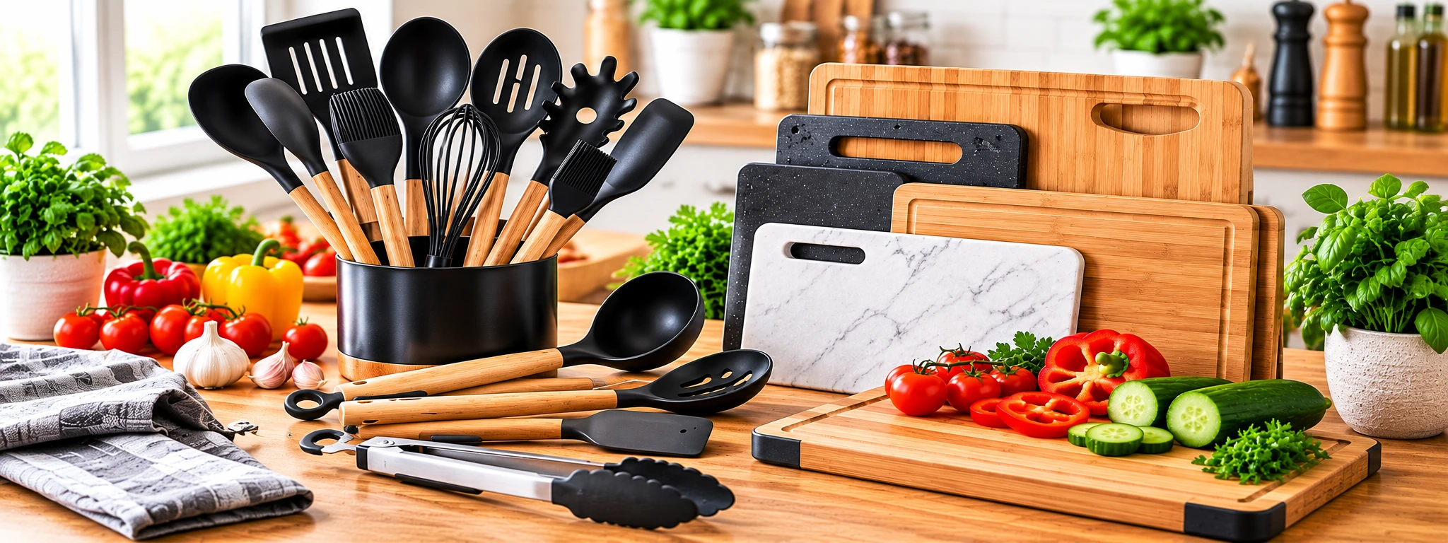 Kitchen utensils and chopping boards for food preparation and cooking
