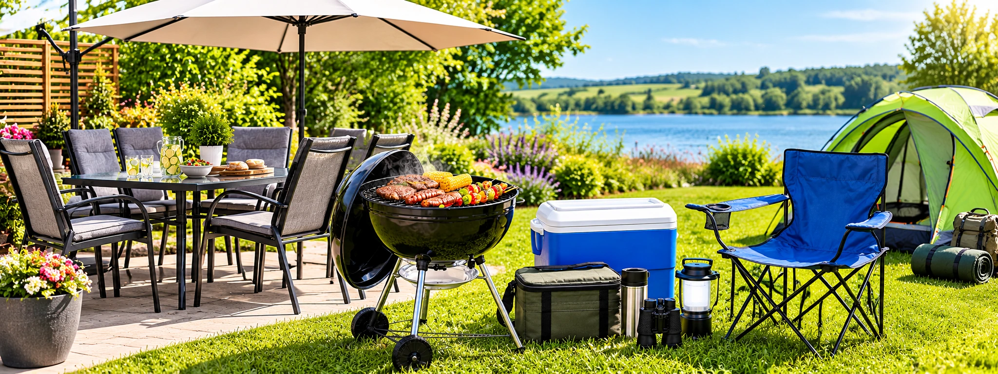Garden furniture, barbecue and camping equipment in a sunny outdoor setting