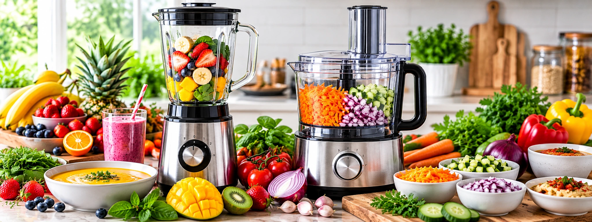 Modern kitchen appliances for blending, chopping and preparing homemade recipes.