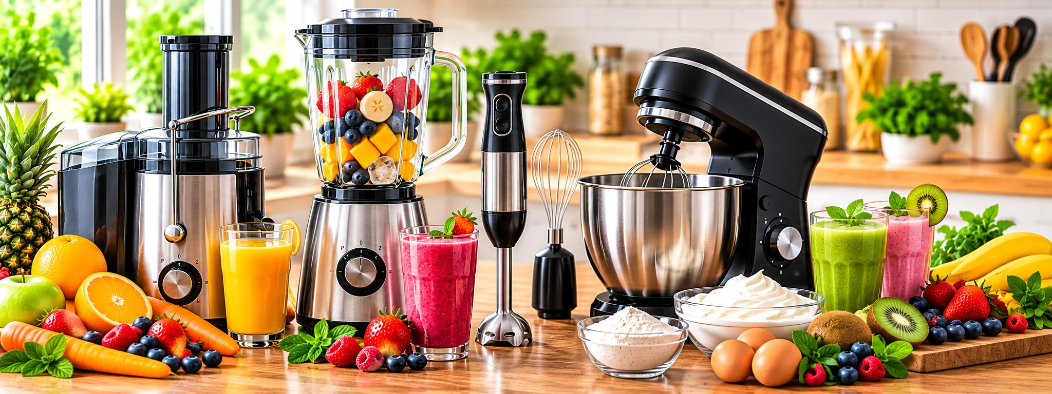 Juicers and mixers with fresh fruit, smoothies and baking ingredients