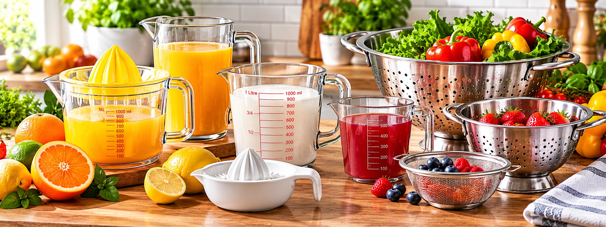 Kitchen essentials for juicing, measuring, washing and draining ingredients.