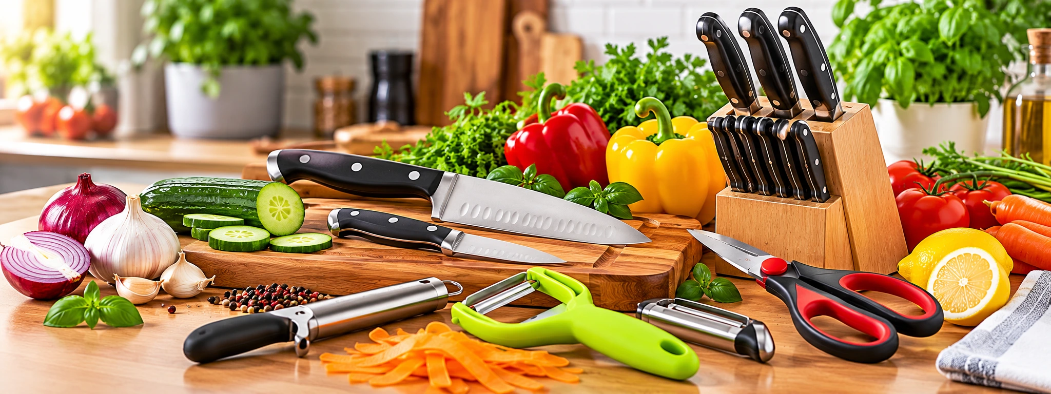 Kitchen knives, scissors and vegetable peelers for food preparation