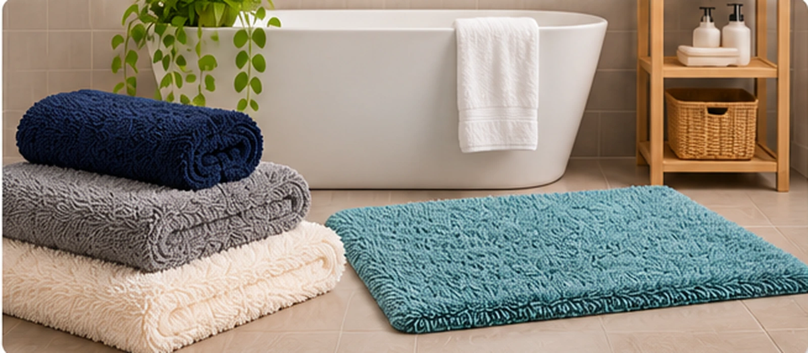 Bath mats in navy, grey, cream and teal arranged in a modern bathroom